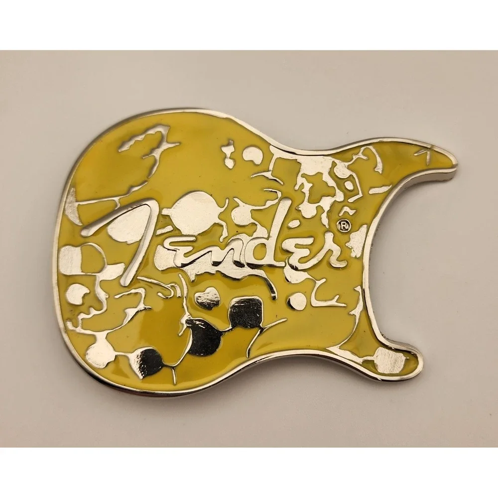 Fender‎ Yellow Electric Guitar Silver Metal Mens Women Belt Buckle